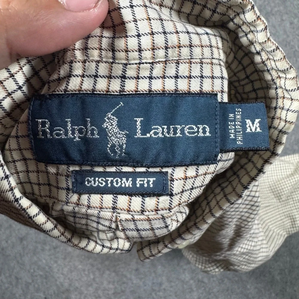 Polo Ralph Lauren Shirt Mens Medium Tan Navy Plaid Custom Fit Cotton Button Down